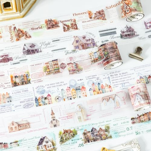 Scrapbook Stickers,Arpaper Bullet Journal Zubehör Sticker,6 Rolls PET Architectural English Aesthetic Washi Tape Stickers Decorative for Journal Zubehör,Notebook,Photo Album(Small Town Story Series)