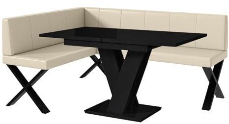 MEBLINI Eckbank für Esszimmer mit ausziehbarem Tisch - Küchenbank - Essecke - Sitzecke Küche - Peter - X-Beine 128x168x87cm Links - Creme Kunstleder/M Schwarz Hochgl.
