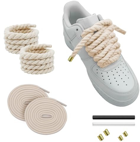 Hugwish 2 Par Cordones Zapatillas Gruesos Para Air Force 1, Rope Laces, Cordones Gordos (8mm,140cm), Cordones Cuerda Chunky Retorcidos Algodon Anchos Redondos Para Cordones de Bricolaje (Beige)