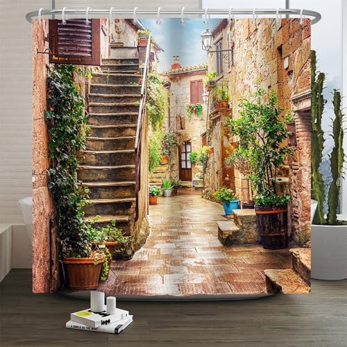Xiaoterna Stadt Straße Duschvorhang 3D Italien Straße Floral Wasserdicht Badezimmer Vorhang Frühling Naturlandschaft Vintage Haus schimmelresistent Waschbare Badezimmerdekoration 150x200cm