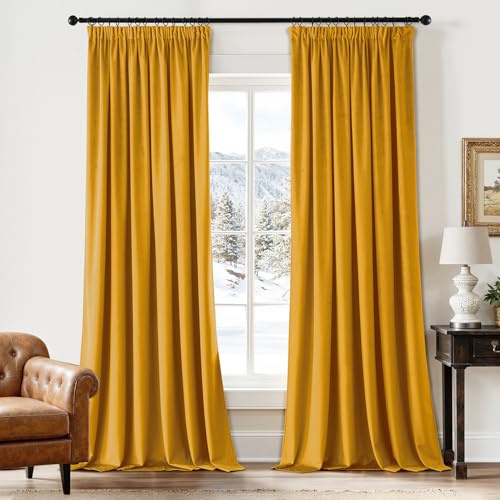 EMEMA Blickdichte Samt Vorhänge mit Kräuselband Senfgelb 2er H300xB140cm | Samt Gardinen Deko Blickdichte Vorhänge mit Kräuselband Wohnzimmer Schlafzimmer Verdunkelung Thermovorhang Samt kräuselband