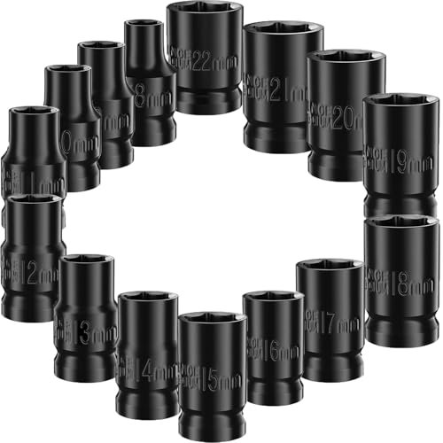 15-teiliges Set mit tiefen Schlagschraubendreher-Steckschlüsseleinsätzen, 8–22 mm, 1,27 cm (1/2 Zoll) Sechskant-Steckschlüsseleinsätze, geeignet für die Autoreparatur