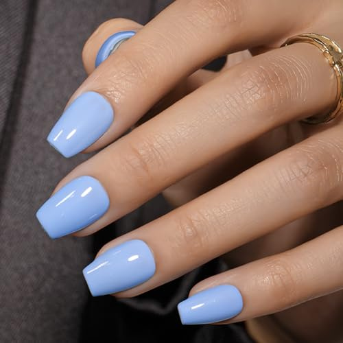 KQueenest Lot de 30 faux ongles courts à presser bleus - Cercueil court avec colle - Bleu ciel uni - Ballerine - Brillant opaque - Réutilisable - Pour femme
