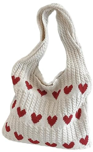 CATIEBYE Tote Tasche Vielseitiges Design mit Herzmuster aus Polyester Gestrickte Modische und Minimalistische Damen Umhängetasche Geräumiges Innenfach für Alltag
