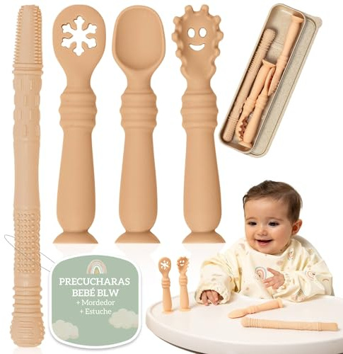 Bornealand® Precucharas Bebe BLW Con Ventosa En La Base + Mordedor + Estuche, Incluye Cuchara Silicona Bebé, Cuchara Bebe Aprendizaje Y Cubiertos Bebe, Cubiertos Infantiles, Colheres Bebe (Crema)
