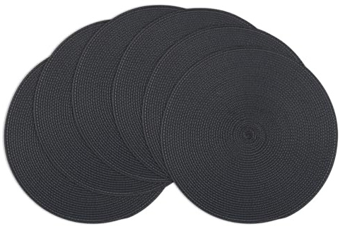 Winknowl Runde Platzsets 6er Set, Abwaschbar Tischmatten rutschfest Abgrifffeste Hitzebeständig Tischsets, 37 cm Runde Platz-Matten für Esstisch (Schwarz)