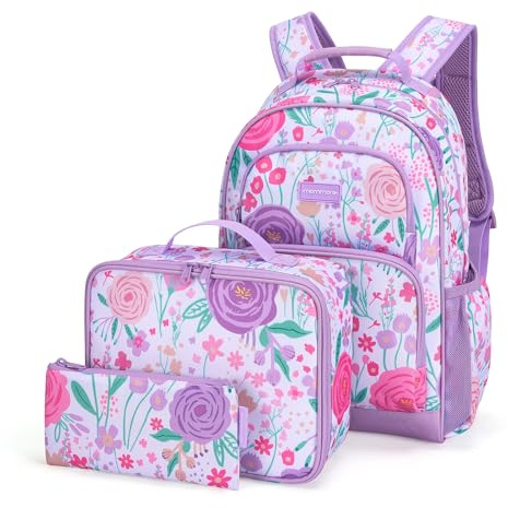 mommore Backpack for Girls 4-8 Kids Backpack Preschool Kindergarten Bookbag with Lunch Box Lightweiht School Bag for Students Travel Daypack (3 PCS, Flower Purple)
