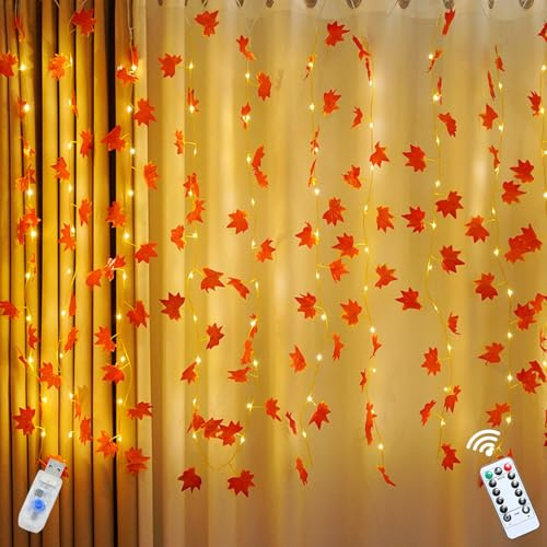 Vartegas Herbst Lichterkette mit Timer, 3m 100LED Herbstdeko Innen Ahornblätter Lichterkette mit 8 Lichtmodi, USB Wasserdicht Herbst Dekoration Lichterketten Vorhang, für Erntedankfest Herbstdeko