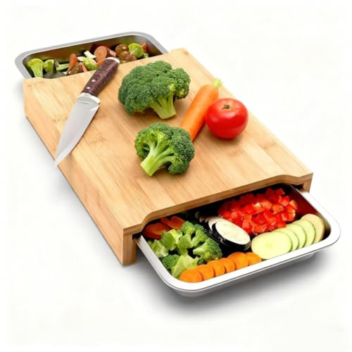 Bamboo Chopping Board with Collection Trays Made of 304 Stainless Steel, Carving Board, Kitchen Serving Bowls, Ideal Kitchen Aid Gadget Set for the Kitchen, Wooden Board, Kitchen, 40.5 x 29 x 3.2 cm