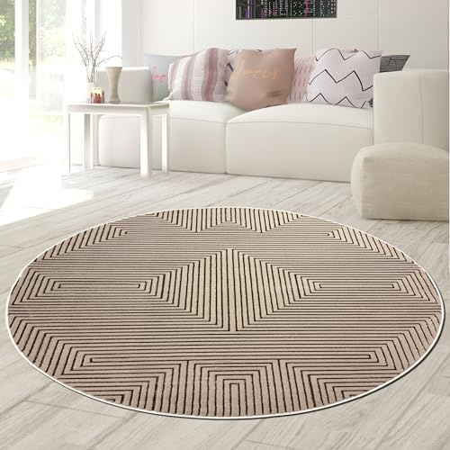 Teppich-Traum Kurzflor Teppich 3D Relief Beige Ø 120 cm | Pflegeleicht, schmutzabweisend, strapazierfähig, angenehm weich, seitlich gekettelt, fußbodenheizungsgeeignet, 8 mm Flor