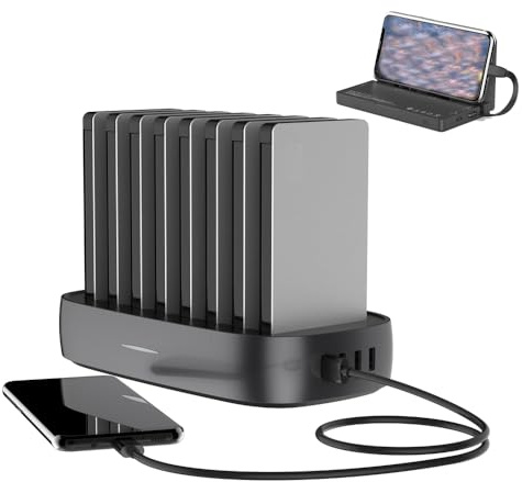 Domars Ladestation für 8 Geräte mit Integrierten Kabeln,8000 mAh x 8 Powerbank,Powerbank für Smartphones,Power Bank mit Hoher Kapazität,Tragbare All-in-One-Ladelösung für Cafés/Hotels/Bibliotheken