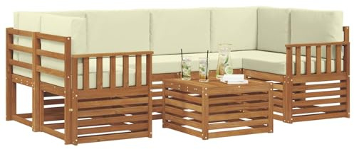 vidaXL Sofagarnituren 7 pcs Natur und Creme Massivholz Akazie, Garten-Sofa-Eckgarnitur, strapazierfähiges Lounge-Möbel, modernes Patio-Set für chilliges Terrassenleben