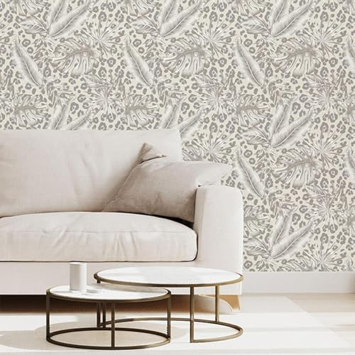 SOPHIE LAURENCE Beige Grey Tropical Animal Print Wallpaper Metallic Silver Leopard Spots Feature Wall Hallway Bedroom Bathroom 10m x 0.53 m