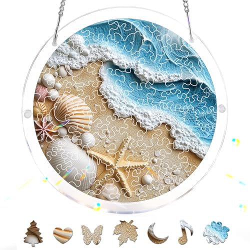 Reofrey Acrylic Puzzle Suncatcher for Adults, 83 Piece Beach Window Hanging, Stained Glass DIY Jigsaw Puzzle, Double-Sided Acrylic Decor, for Mom, Home Garden Decoration, 7 Inch