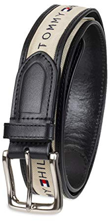 Tommy Hilfiger Men's Ribbon Inlay Fabric Belt with Single Prong Buckle, Negro/Natural, 95