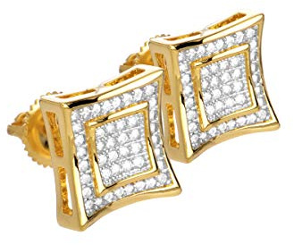 BE 002 TT Boucles d'oreilles à tige en forme de cerf-volant carré double 3D plaqué or 14 carats avec cristaux CZ pour homme