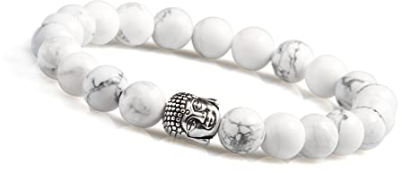 GD GOOD.designs Buddha Armband für Damen und Herren I Perlenarmband mit echten 8mm Howlith Perlen I Weißes Kugelarmband