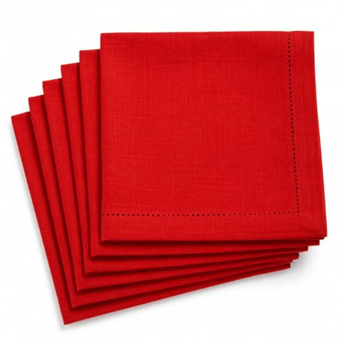 6pk, Slub Textured, 100% cotton dinner napkins with hemstitched and Mitered corner finish, 18X18 in Red colour