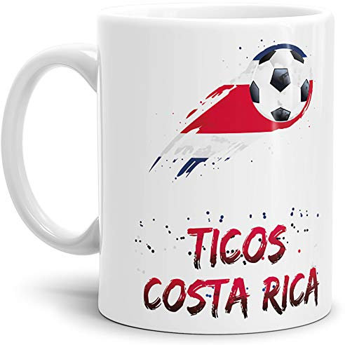 Tassendruck Fussball-Tasse mit Spruch - Ticos - Weiss Fahne/Länderfarbe/WM 2018/Costa Rica/Weltmeisterschaft/Cup/Tor/Qualität Made in Germany