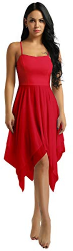 dPois Damen Tanzkleid Ballett Kleid Ärmellos aus Chiffon Swing mit Spaghettiträger Asymmetrische Tanzkostüme Latein Rumba Tango Kleid Ballsaal Dancewear Rot Small