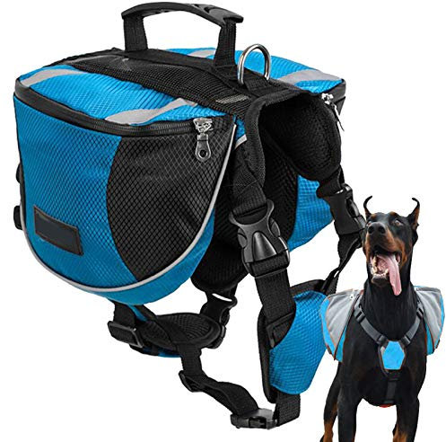 PJDDP Hunderucksack Hundetasche Hund Packtaschen Doppeltasche Satteltasche Für Hound Travel Outdoor Hund Rucksack Reflektierende Verstellbarer Hundegeschirrtasche Für Mittlere Und Große Hund,Blau,L