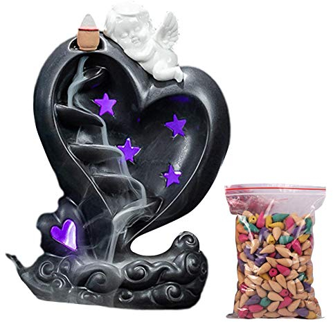 Rückfluss-Räuchergefäß aus Keramik – Amor Wasserfall Rückfluss Räucherstäbchenhalter – Wasserfall Rauch Räuchergefäß mit LED-Licht & 50 Räucherkegeln für Aromatherapie Zen Meditation Yoga