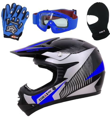 Zorax ZOR-X19 Blau M (51–52 cm) Predator Kinder Motorrad Motocross MX Helm & Handschuhe M (6 cm) & Schutzbrille & Sturmhaube ECE 2206