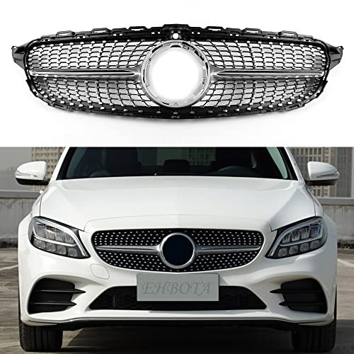 EHBOTA W205 Frontgrill / Kühlergrill Nierengrill Ersatz für Mercedes Benz C-Klasse W205 2019-IN 1 Paar/Set (Silber Chrom Diamant Stern)