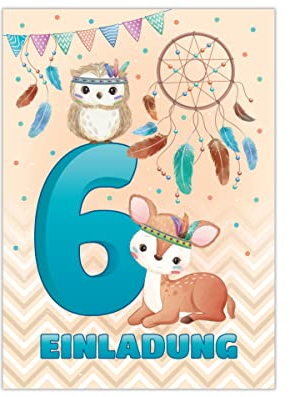 Junapack 12 Einladungskarten zum 6. Kindergeburtstag Einladung zum sechsten Geburtstag Mädchen Jungen Tiere Indianer Eule REH