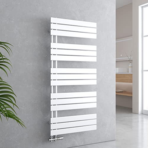 EMKE Radiador de baño plano, 1320 x 600 mm, color blanco, calentador de toallas para cuarto de baño, toallero, conexión lateral para agua, 798 W