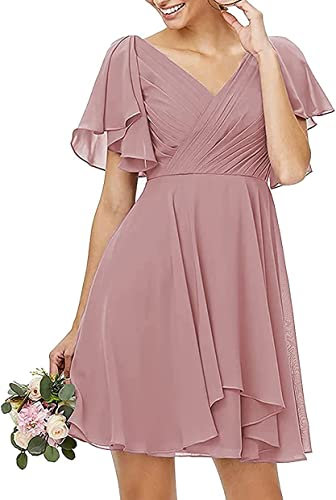 N/ C Robe de demoiselle d'honneur courte à double col en V avec poche, vieux rose, 40