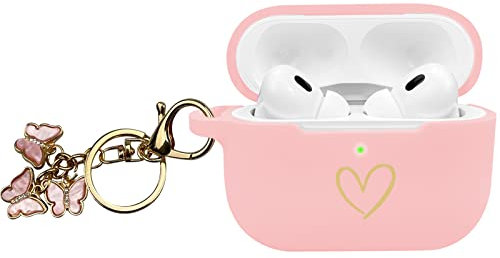 AIIEKZ Kompatibel mit AirPods Pro 2 Hülle Cover 2022, weiche Silikonhülle mit goldenem Herzmuster für AirPods Pro 2./1. Generation Hülle mit süßem Schmetterlings-Schlüsselanhänger (Rosa)