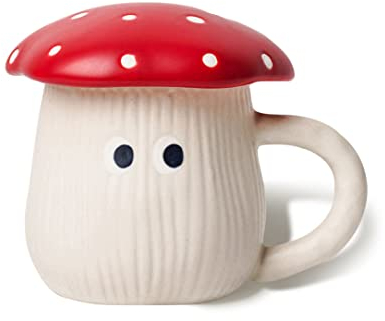 RESVUGA Bonita taza de champiñones con tapa, cubierta de paraguas de esmalte hecho a mano y ojos, taza de té Amanita Muscaria de 13 onzas. El mejor regalo para mujeres y niñas.