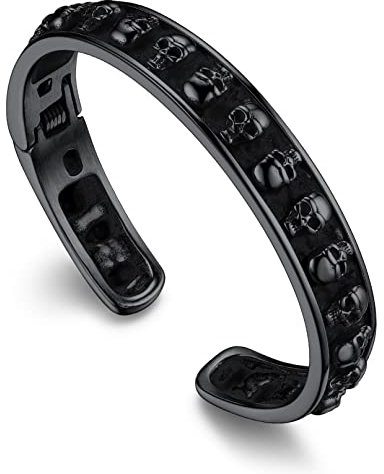 Bandmax Schädel Armreif Edelstahl Armband Herren Offene Armspange Totenkopf Armband im Schwarz Totenköpfe Freundschaftsarmband Punk Biker Gothic Schmuck für Geburtstag