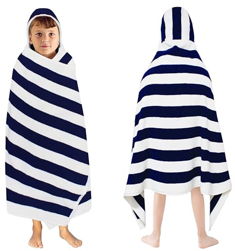 ORIGINAL KIDS Hooded Bath Towel Wrap - 100% Cotton Terry Large Oversized Hooded Kids Towel - Toddler Shower Pool Beach Towel - Soft Plush Absorbent Quick Dry Easy Care Gift - 30x60- Cabana Stripe Blue