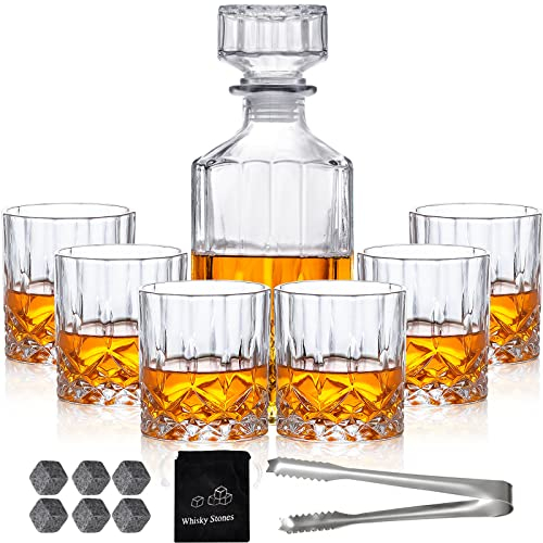 Whiskey Decanter for Men with 6 Whiskey Glasses, 6 Cooling Whisky Stones Lead Free Glass Liquor Decanter for Whiskey, Bourbon, Rum Gift