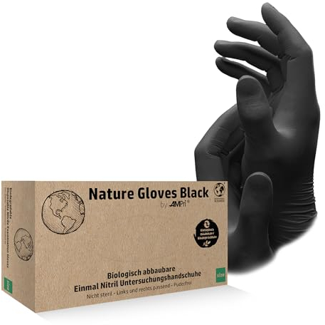 AMPri Biologisch abbaubare Nitrilhandschuhe, schwarz, 100 Stück/Box, Größe L, puderfrei, Nature Gloves by Med-Comfort: Nitril Einmalhandschuhe in den Größen XS, S, M, L, XL erhältlich