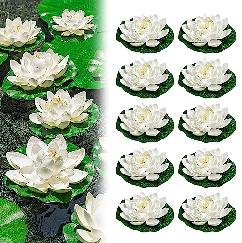 LWuuywa Schwimmende Blumen, 10 Stück Künstliche Seerose Lotusblüte Deko Wasserlilie Pflanzen Teichpflanzen Durchgeführt Dekoratio Teichdeko Miniteich (Weiß)