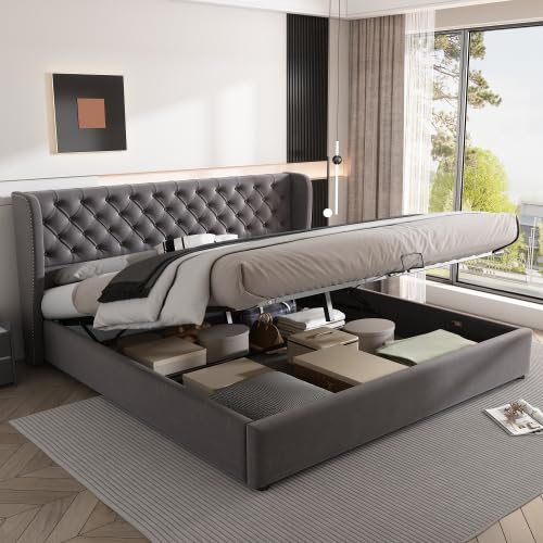 MYBOO Polsterbett Samtstoff Doppelbett 180x200cm, Hydraulisches Funktionsbett mit Lattenrost und Stauraum, Bettunterseite ist mit einem schmutzabweisenden schwarzen Vliesstoff, Grau, ohne Matratze