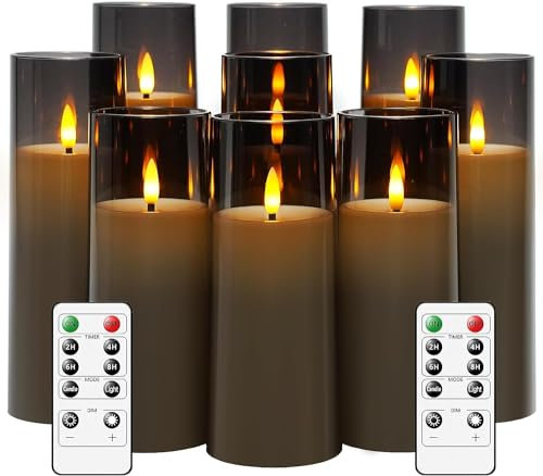 MozkeTo19 Flickering Flameless Candles, Battery Operated with Remote and 2/4/6/8 H Timer, Pack of 9 (D2.3 xH 5 6 7) with Realistic Moving Wick Candles for Home Decor (Grey)