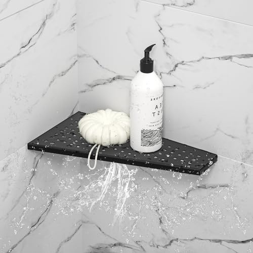 Bernkot Étagère d'angle pour douche en acier inoxydable 304 sans perçage pour salle de bain - Support pour shampooing - Organiseur - Forme trapézoïdale avec trou carré - 305 * 155mm, Noir