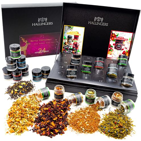 Hallingers Merry Christmas - Happy New Year - Tee Adventskalender handmade, vegan & glutenfrei in Schraubgläsern (Set) - Geschenk im Sommer & als perfektes Grillgeschenk | Genesung Chanukka Freundscha