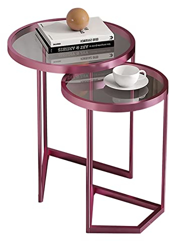 IMYOGI Exquisites 2-teiliges Couchtisch-Set, Satztisch aus gehärtetem Glas, rundes Regal für kleine Wohnungen, Nachttisch aus roségoldenem Eisen, einfacher Ecktisch mit Beistellschran