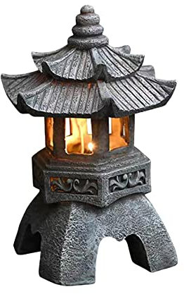 Pesoncarl Decoración de Jardín, Estatua de Jardín Pagoda, Estilo Japonés, Resina Resistente a los UV, Linterna Solar, Gris