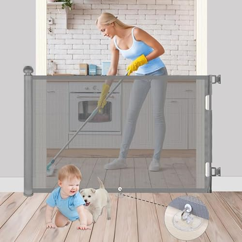 WELLTE Puerta de Escalera Retráctil para Bebé, Se Extiende Hasta 180 cm de Ancho, 86 cm de Alto, Seguridad Extra Ancha, Operación Silenciosa Con Una Sola Mano