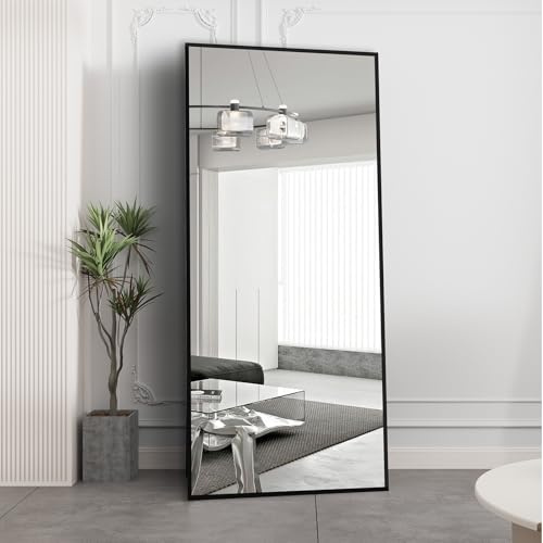 Beauty4U Full Length Mirror 180x80cm Free Standing, Hanging or Leaning, Large Floor Mirror with Black Aluminum Alloy Frame for Living Room or Bedroom