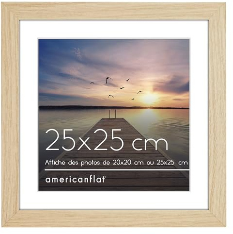 Americanflat 25x25 cm Bilderrahmen aus MDF-Holz mit 20x20 cm Passepartout - quadratischer Fotorahmen - inkl. Ständer und integrierter Aufhängung für Wandmontage - Eiche/Natur