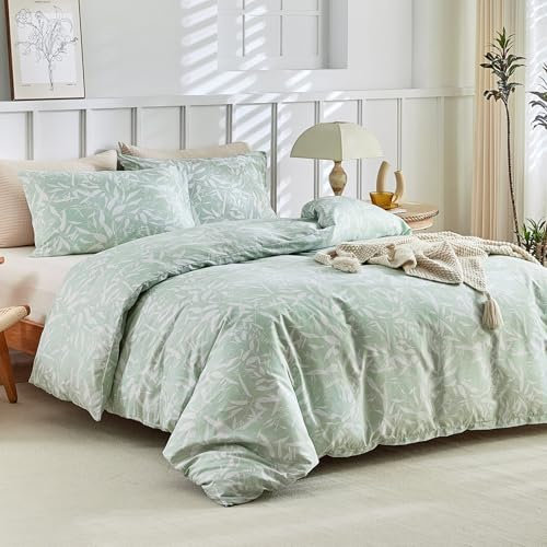 Tokokimo Housse de Couette 200x200 avec 2 Taies d'oreiller 65x65 cm - Motif de Feuilles au Design Unique - Parure de lit 200x200 cm - 100% Microfibre Parure Couette Fermetures éclair, Vert Clair
