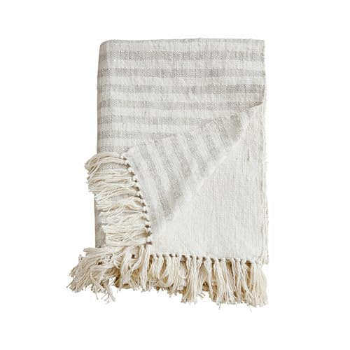 Loberon Plaid Marpent, hochwertige Webstreifen, schönes Strukturgewebe, Fransenabschluss, maritimes Flair, Überwurf, Tagesdecke, Baumwolle, Creme/grau