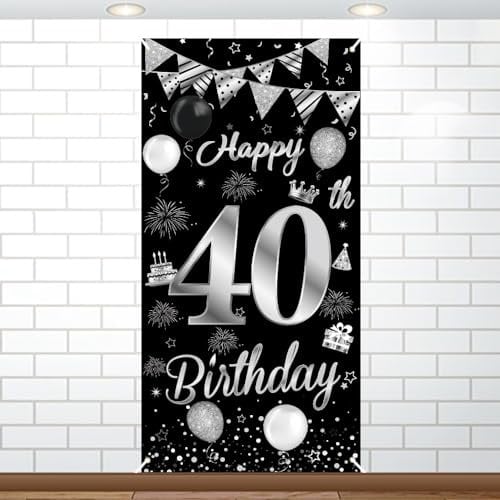 40th Birthday Decorations for Men Women Black Silver Happy 40th Birthday Banner Birthday Backdrop Banner for 40 Years Old Anniversary Birthday Party Photo Prop Booth Background Deco, 180×90cm
